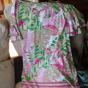 COPY - Pappagallo S bright pink and green floral knee length 3/4 ruffled …